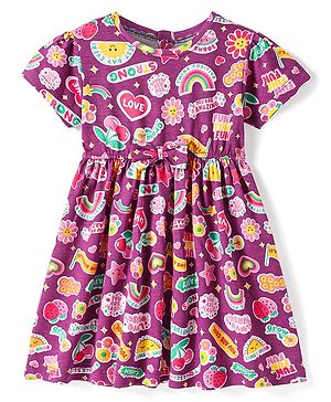 Babyhug Single Jersey Knit Half Sleeves Frock with Text Print - Maroon