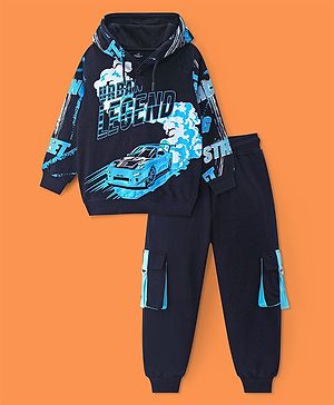 Ollington St. 100% Cotton Knit Full Sleeves Hooded Sweatshirt & Joggers Set With Car Print - Black & Blue