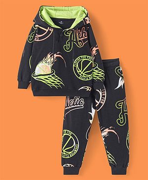 Ollington St. 100% Cotton Knit Full Sleeves Hooded Sweatshirt & Joggers Set Text Print - Green & Black