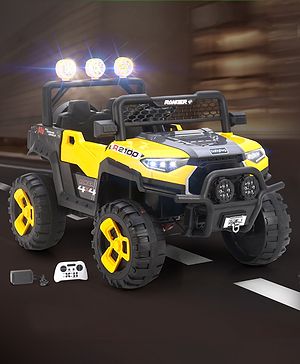 Babyhug RANGER 4X4 Battery Operated Ride On Jeep with Music & LED Lights - Yellow| Forward & Reverse Drive| Wide Comfortable Seat| Rechargeable Battery| Remote Control| Pre-loaded Music with USB & AUX| Easy to Assemble| Wide Comfortable Seat| Easy to
