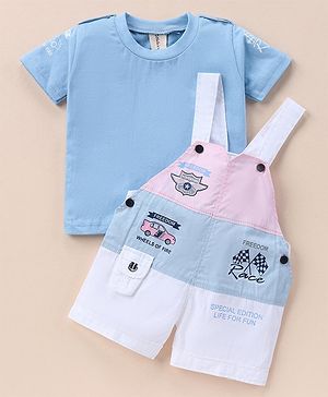 Dapper Dudes Half Sleeves Typography Printed Colour Blocked Dungaree  With Half Sleeves Tee - Sky Blue