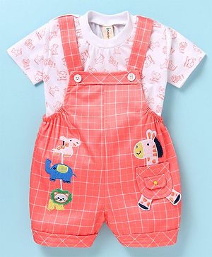 Dapper Dudes Checked Animal Embroidered Dungaree With Half Sleeves Tee - Orange