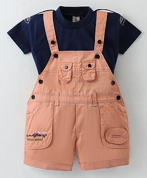 Dapper Dudes Typography Printed Dungaree With Half Sleeves Tee - Peach