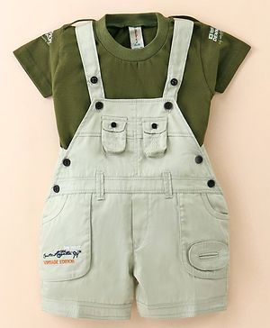 Dapper Dudes Typography Embroidered Dungaree With Half Sleeves Tee - Pista Green