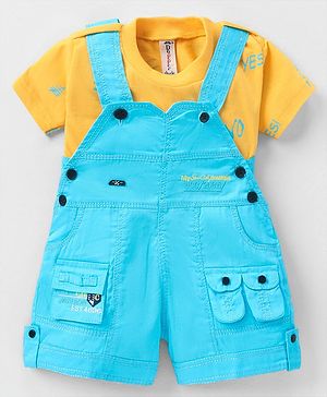 Dapper Dudes Half Sleeves Pocket Detailed Typography Embroidered Dungaree With Half Sleeves Tee - Sky Blue