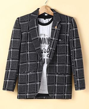 Dapper Dudes Full Sleeves Checked Blazer With Tee - Grey