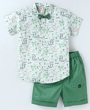 Dapper Dudes Half Sleeves Animal  Printed Shirt With Bow & Shorts - Green