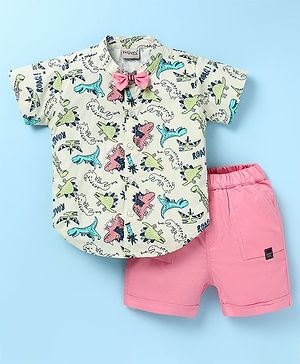 Dapper Dudes Half Sleeves Dinosaur   Printed Shirt With Bow & Shorts - Lemon Yellow