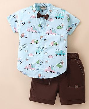 Dapper Dudes Half Sleeves Vehicles  Printed Shirt With Bow & Shorts - Sea Green