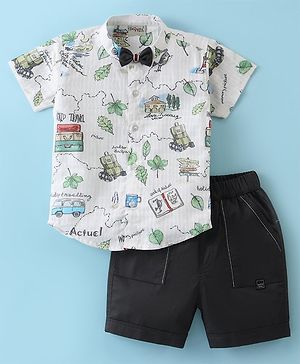 Dapper Dudes Half Sleeves Travel Theme Printed Shirt With Bow & Shorts - Cream