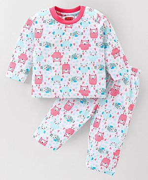 Babyhug Cotton Knit Full Sleeves Night Suit with Owl Print - White & Pink