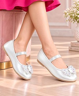 Pine Kids Bow & Stone Detailing Ballerinas with Velcro Closure - Silver