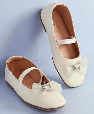 Pine Kids Bow Applique Ballerinas with Backstrap- White