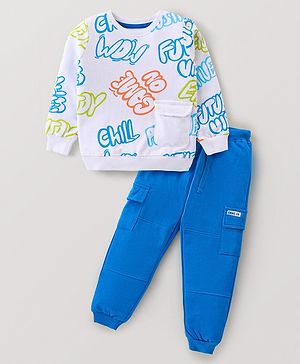 Babyhug Terry Knit Full Sleeves T-Shirt & Pant Set with Text Print - White & Blue