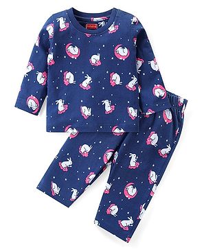 Babyhug Cotton Knit Full Sleeves Night Suit with Rabbit Print - Navy Blue