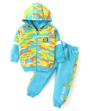 Babyhug Terry Knit Full Raglan Sleeves Hooded T-Shirt & Pant Set  with Camouflage Print - Blue & Yellow