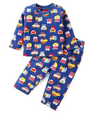 Babyhug Cotton Knit Full Sleeves Night Suit with Vehicle Print - Navy Blue