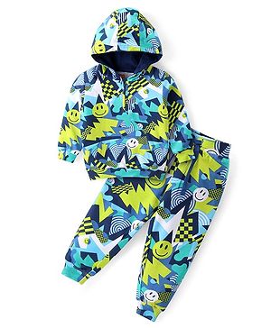 Babyhug Terry Knit Full Sleeves Hooded T-Shirt & Lounge Pants Set Smile Print - Navy