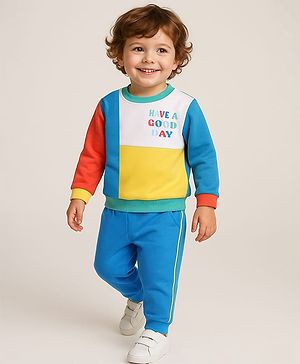 Babyhug Terry Knit Full Sleeves Cut & Sew T-Shirt & Lounge Pants Set With Text Print - Blue