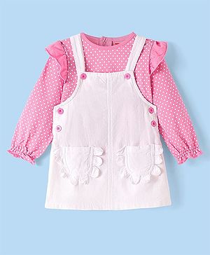 Babyhug Cotton Woven Full Sleeves Polka Dots Printed Top with Frock - White & Pink