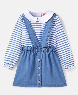 Babyhug Cotton Woven Full Peasant Sleeves Striped Top With Peter Pan Collar & Skirt - Blue