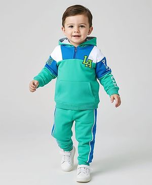Babyhug Terry Knit Full Sleeves Hooded Cut & Sew Sweatshirt & Lounge Pant Set with Kangaroo Pockets Text Print & Embroidery - Sea Green