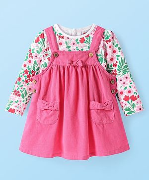 Babyhug Cotton Woven Frock & Full Sleeves Inner Tee With Floral Print & Bow Applique - Light Pink