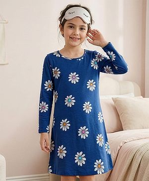 Pine Kids Single Jersey Knit Full Sleeves Floral Printed Nighty - Navy
