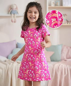 Pine Kids Single Jersey Knit Half Sleeves Nighty Floral & Deer Print - Fuschia Purple
