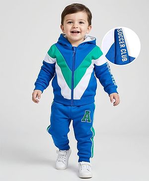 Babyhug Terry Knit Full Sleeves Front Open Hooded Cut & Sew Sweatjacket & Lounge Pant Set with Text Print - Blue