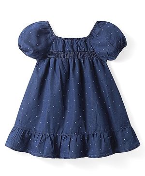 Babyhug Cotton Woven Half Puffed Sleeves Frock with Polka Dots Print - Navy Blue