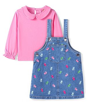 Babyhug Woven Full Sleeves Solid Colour Top with Floral Embroidered Denim Peter Pan Collared Frock   - Pink & Blue