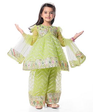 Babyhug Woven Three Fourth Sleeves Kurta Palazzo & Dupatta Set with Sequin Embroidery - Lime Yellow