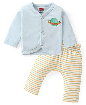 Babyhug Cotton Knit Full Sleeves Front Open Night Suit With Stripes & Planet Print - Light Blue