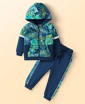 Babyhug Terry Knit Full Sleeves Tropical Theme Printed Hooded Sweat Jacket & Lounge Pant Set - Navy Blue