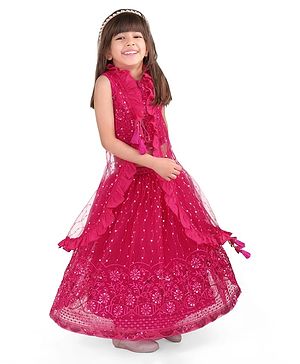 Babyhug Woven Sleeveless Sequined Embroidered Choli Lehenga Set with Shrug & Frill Detailing  - Fuschia