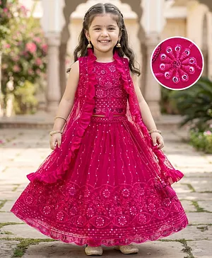 Babyhug Woven Sleeveless Sequined
                              Embroidered Choli Lehenga Set with Shrug
                              & Frill Detailing - Fuschia