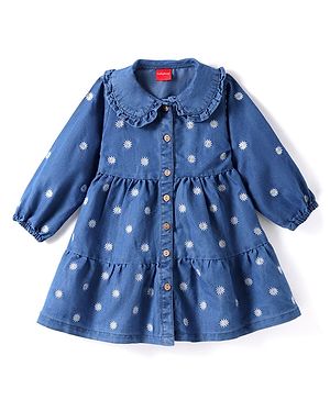 Babyhug Denim Woven Full Sleeves Floral Embroidered Peter Pan Collared Front Open Frock - Blue
