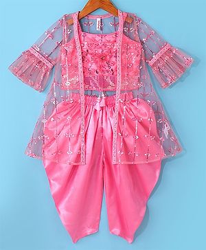 Babyhug Woven Bell Sleeves Net Embroidered Kaftan Jacket with Top & Dhoti Set - Dark Pink
