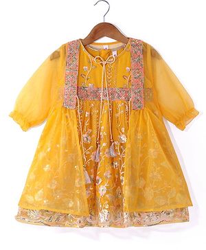 Babyhug Woven Sequinned Floral Embroidered Frock with Three Fourth Sleeves Net Jacket -Yellow