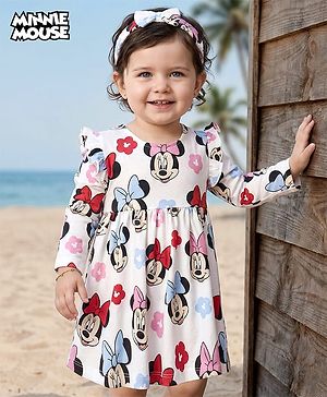 Babyhug Disney Single Jersey Knit Full Sleeves Frock With Minnie Mouse Graphics Bloomer & Headband - White