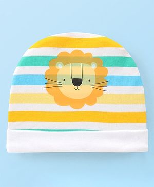 Babyhug 100% Cotton Knit Striped Cap With Lion Print - Multicolor