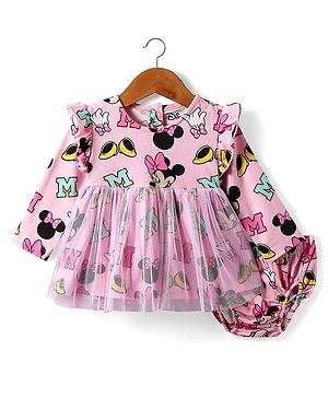 Babyhug Disney Single Jersey Knit Full Sleeves Minnie Mouse Printed Frock with Bloomer &  Frill Detailing - Pink