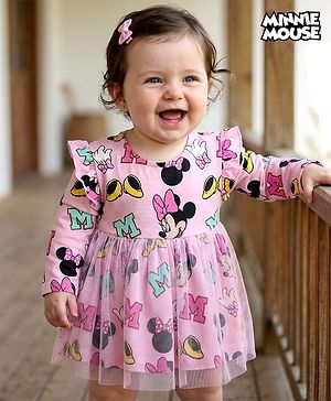 Babyhug Disney Single Jersey Knit Full Sleeves Minnie Mouse Printed Frock with Bloomer &  Frill Detailing - Pink