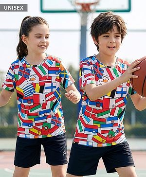 Pine Active Knit Half Sleeves Flags Printed T-Shirt - Multicolour