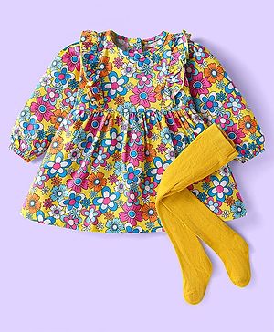 Babyhug Cotton Knit Full Sleeves Floral Printed Frock With Stockings - Yellow