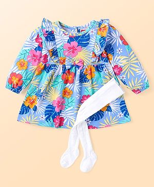Babyhug Cotton Knit Three Fourth Peasant Sleeves Floral Printed Frock With Legging - Blue