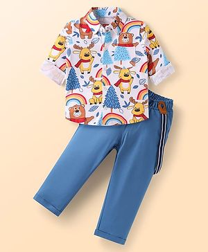 Babyhug Single Jersey Knit Full Sleeves Animal Printed Shirt & Trouser Set with Suspender - Blue