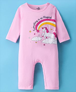 Doodle Poodle 100% Cotton Knit Full Sleeves Unicorn Printed Romper - Pink