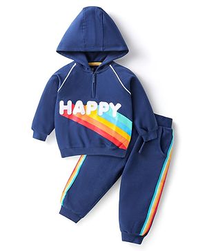 Babyhug Terry Knit Full Raglan Sleeves  Hooded Sweatshirt & Jogger Pant Set with Text Patch - Blue
